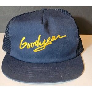 Vintage 1980s Goodyear Trucker Bule Hat Mesh Snapback Gold Script Adjustable